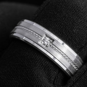 Men&#39;s Center Rope Genuine or Lab Diamond Wedding Band, Sterling Silver Promise Wedding Ring for Him