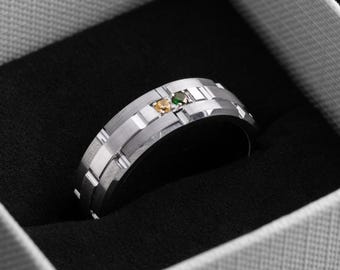 Personalized 7mm Tungsten Silver Birthstone Ring for Men – Custom Engraved Wedding Band, Unique Promise Ring, Anniversary Gift