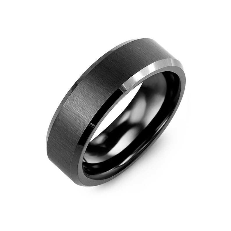 Men's Brush & Beveled Black Ceramic Wedding Band 7mm Wedding Ring, Promise Ring image 2