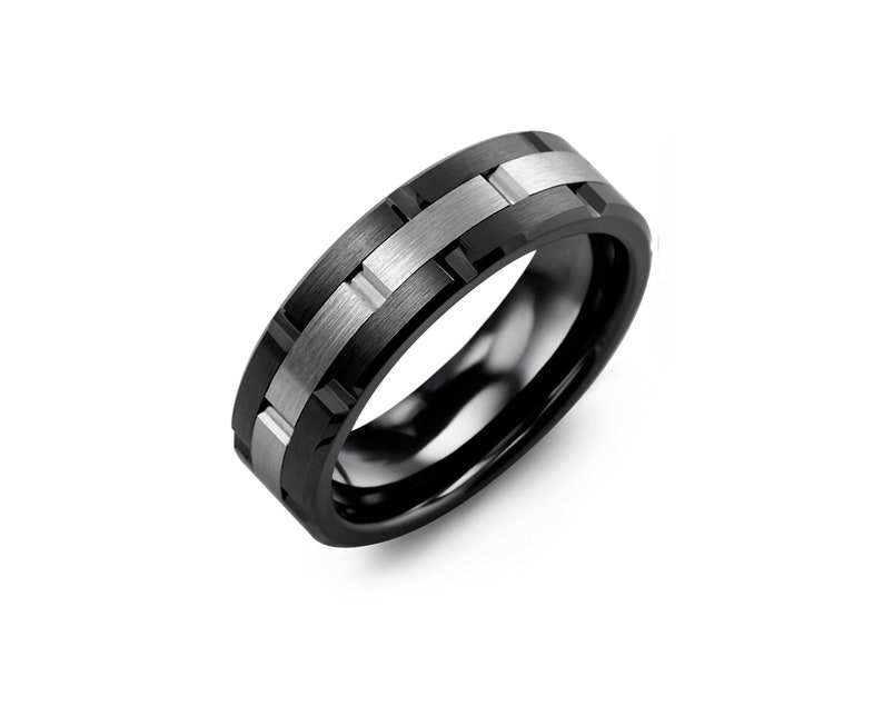 Men/'s Grooved Ceramic /& Tungsten Wedding Band 7mm Black Ceramic Tungsten Wedding Ring Promise Ring