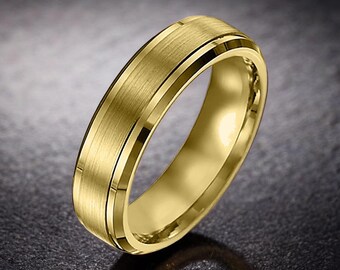 Stainless Steel Men's 8mm 14K Gold Plated Beveled Edge Wedding Band Ring – SZ 9-14