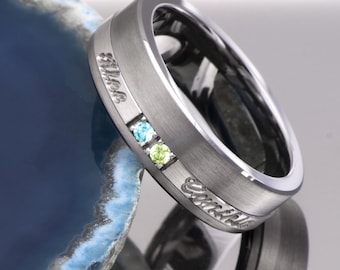 Family Gemstone 7mm Brush Tungsten Silver Ring, Personalized Wedding band, Birthstone Promise Ring, Custom Engraving Names Cursive