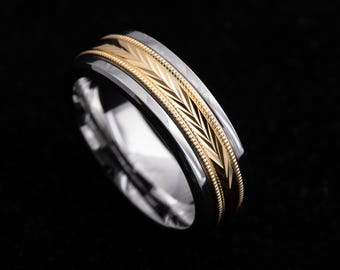 Men&#39;s Cobalt Yellow Gold Wedding Band with Diamond-Cut V Gold Pattern - Milgrain Detail, Comfort Fit, Custom Engraving