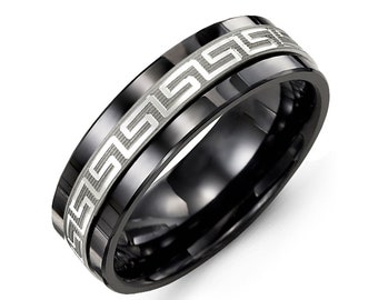 Men&#39;s Ancient Greek Key Pattern Wedding Band  Black Ceramic Sterling Silver Promise Ring