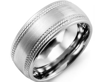 Men's Brush Dome Dual Rope Edges 925 Sterling Silver Wedding Band - Silver Wedding Ring - Promise ring