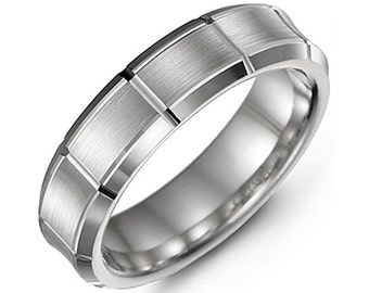 Men's Brush Carved Lines Beveled Edges 925 Sterling Silver Wedding Band - Silver Wedding Ring - Promise ring