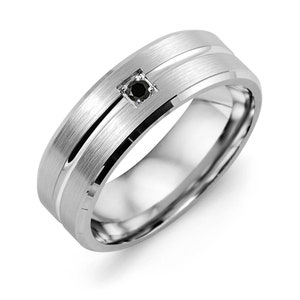 Men&#39;s Beveled Brush Carved Line Black Diamond Wedding Band - 925 Sterling Silver Wedding Ring - Promise ring