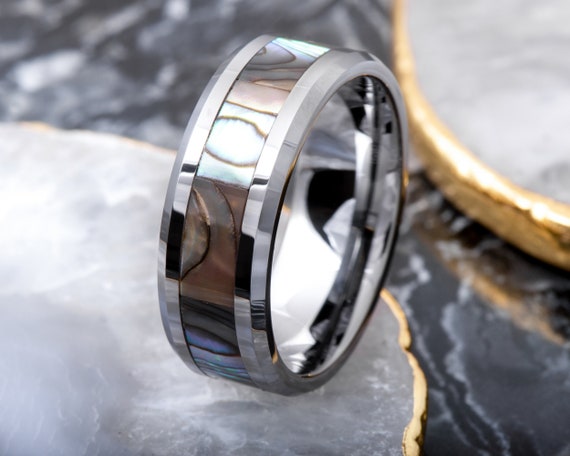 Men's Beveled Shell Inlay Tungsten Wedding Band Tungsten | Etsy