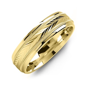 Men's Classic V Pattern Milgrain Wedding Band in 10k, 14k, 18k, 6mm Yellow Gold Wedding Ring