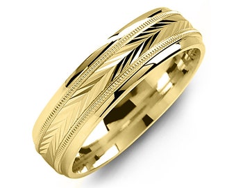 Men's Classic V Pattern Milgrain Wedding Band in 10k, 14k, 18k, 6mm Yellow Gold Wedding Ring