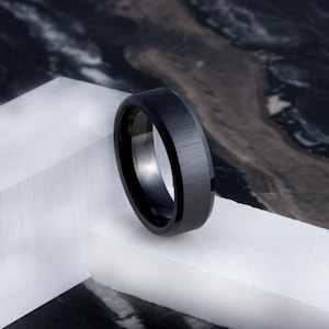 Men's Brush & Beveled Black Ceramic Wedding Band 7mm Wedding Ring, Promise Ring image 1