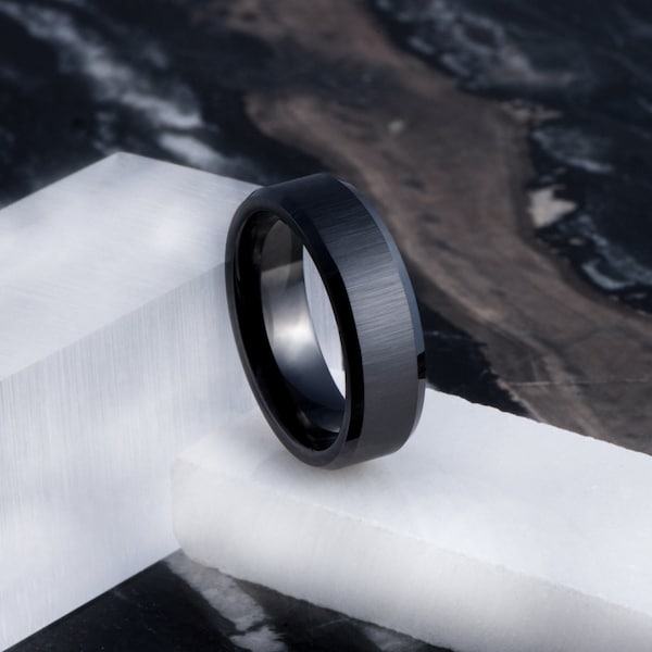 Men's Brush & Beveled Black Ceramic Wedding Band 7mm Wedding Ring, Promise Ring