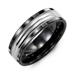 Men&#39;s Two-Line Milgrain Wedding Band Black Ceramic Sterling Silver Promise Ring