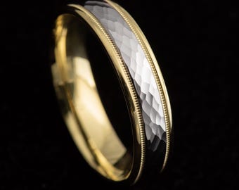 Men’s Solid Two Tone Yellow White Gold Wedding Band in 10k, 14k, 18k, Classic Hammer Accents Milgrain Ring 6mm Real Gold Wedding Ring