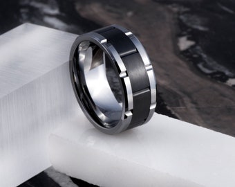 Men's Wedding Band 9mm Black Ceramic Tungsten Grooved Wedding Ring, Promise Ring