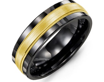 Classic Satin Milgrain Men's Wedding Band in Black Ceramic and Yellow Gold - Custom Widths 7mm/9mm/11mm with Free Engraving