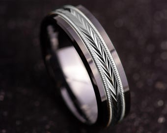 Herren Diamantschliff V Ehering schwarz Keramik Sterling Silber Versprechen Ring