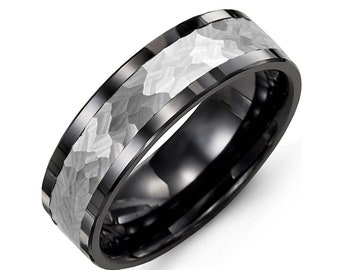 Men&#39;s Hammer Effect Wedding Band Black Ceramic Sterling Silver Promise Ring