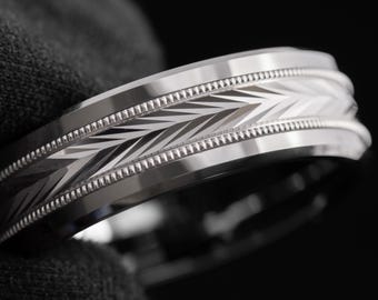 Diamond-Cut V Tungsten Wedding Band, Sterling Silver Inlay, Harvest of Love Pattern, Milgrain Detailing, Comfort Fit, Custom Engraved
