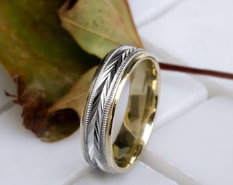 Men’s Solid Two Tone Yellow White Gold Harvest of Love Wedding Band in 10k, 14k, 18k, 6mm Yellow Gold White Gold Wedding Ring