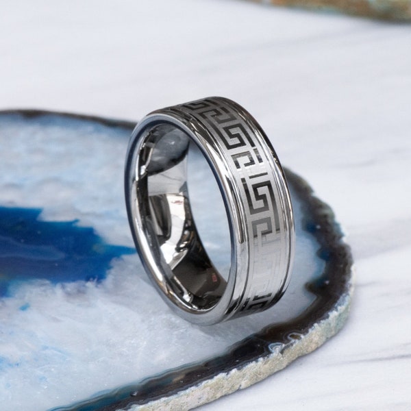 Men's Eternity Greek Key Tungsten Wedding Ring - Tungsten Wedding Band - Promise Ring