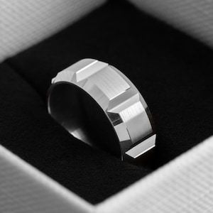 Men&#39;s Beveled Wide Accents 925 Sterling Silver Wedding Ring - Silver Wedding Band - Promise Ring