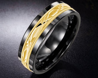 Men&#39;s Classic Diamond Cut Milgrain Wedding Band Black Ceramic Yellow Gold Promise Ring