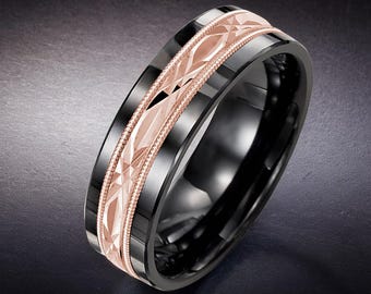 Men&#39;s Classic Diamond Cut Milgrain Wedding Band Black Ceramic Rose Gold Promise Ring