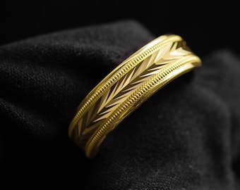 Men's Classic V Pattern Milgrain Wedding Band in 10k, 14k, 18k, 6mm Yellow Gold Wedding Ring