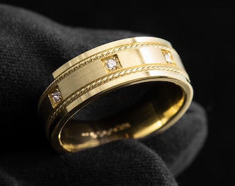 Anel de casamento masculino com bordas em corda e diamantes espaçados, genuínos ou de laboratório - Ouro amarelo 10k, 14k, 18k - Anel de compromisso de casamento - 6 mm de largura