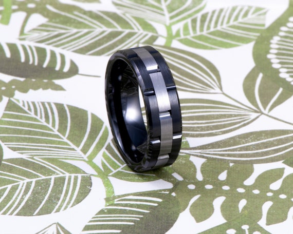 Men/'s Grooved Ceramic /& Tungsten Wedding Band 7mm Black Ceramic Tungsten Wedding Ring Promise Ring