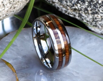 Men's Double Koa Wood Tungsten Wedding Band - Wedding Ring - Promise Rings