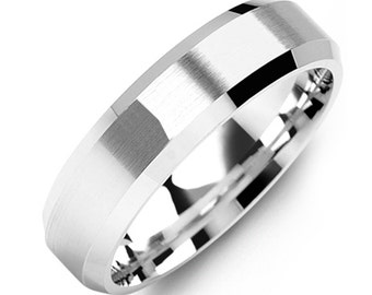 Men's Brushed Center Beveled Edges Wedding Ring - Silver Wedding Band - Promise ring