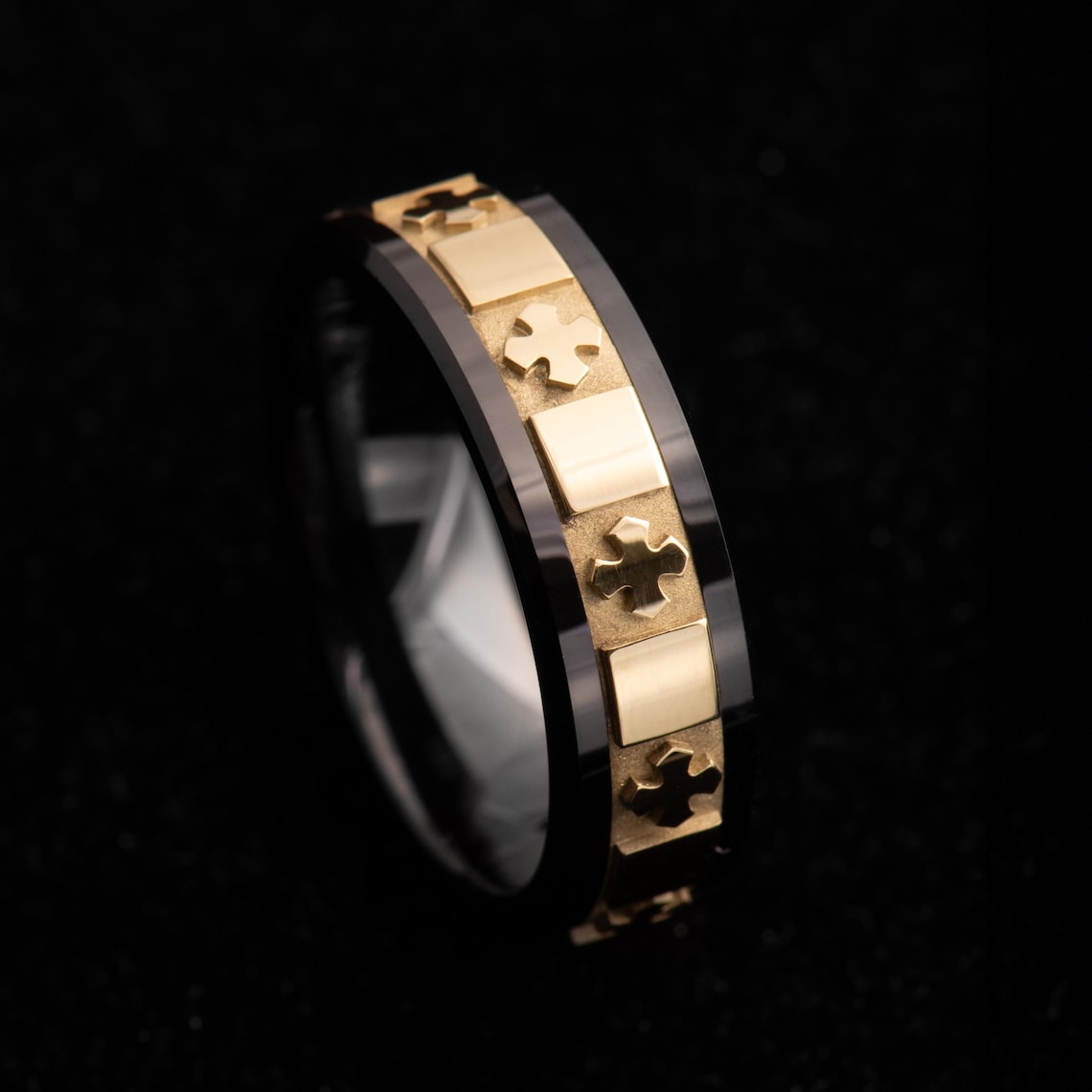 Black Ceramic & Yellow Gold Cross Ring, Men's Religious Wedding Band ...