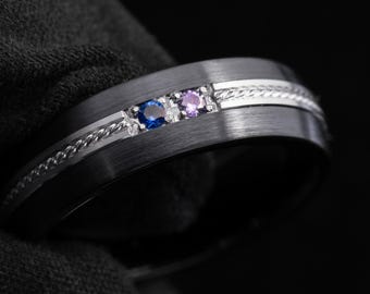 Familienring - Personalisierte 6,5 mm schwarze Keramik & Silber Birthstone Band, individuell gravierte Eheringe, Unisex Versprechensring, Geburtstagsgeschenk