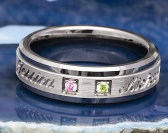 Family Gemstone 7mm Tungsten Silver Ring, Personalized Wedding band, Birthstone Promise Ring, Custom Engraved Names Cursive