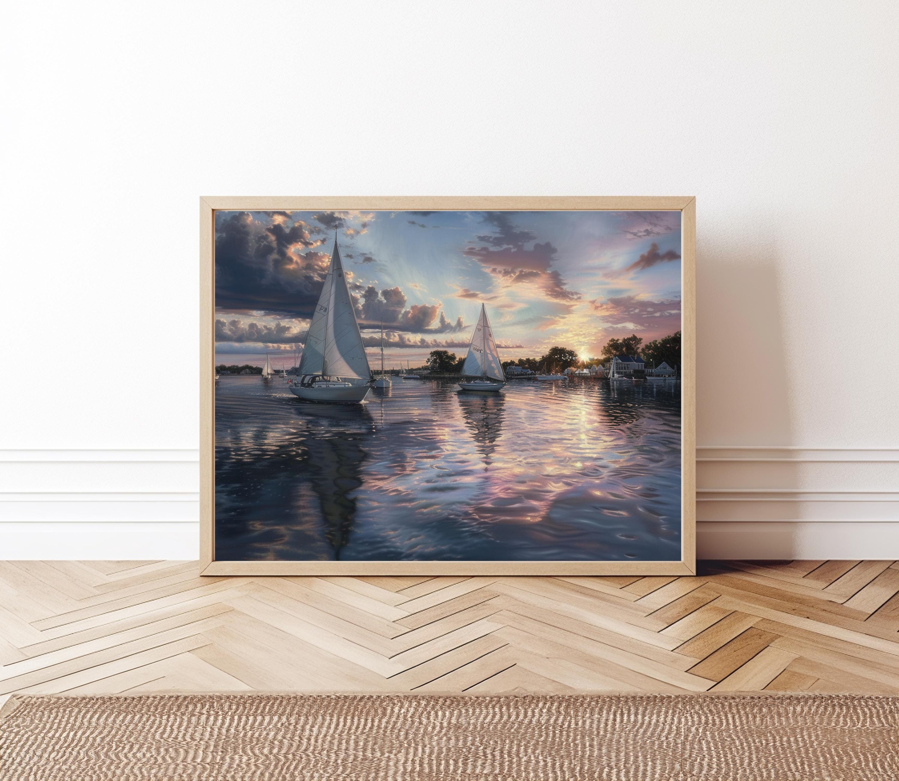 夕日の帆船湾の反射ウォールアート、ロマンチックな夜のセーリング絵画