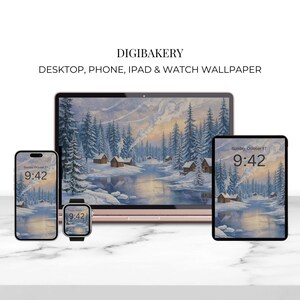 Pode incluir: Uma coleção de dispositivos digitais exibindo um papel de parede de paisagem de inverno. Os dispositivos incluem um laptop, smartphone, tablet e smartwatch, todos mostrando a mesma imagem cênica de um rio nevado e cabanas. A hora exibida é 9:42.