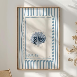 Coastal Seashell Stamp Wall Art, Nautical Blue Marine Life Illustration, Striped Beach House Summer Cottagecore Print 14