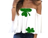 Shamrock Shirt Women Distressed, Four Leaf Clover Shirt, Off the Shoulder Top, Crop Top, St Patricks Day Distressed Shirt Pre-Order
