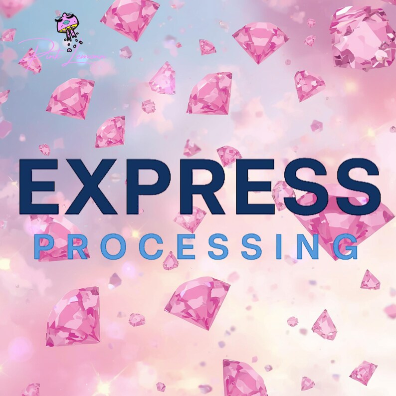 May include: A digital graphic featuring a soft pink and blue gradient background filled with floating pink diamond illustrations. The text EXPRESS is displayed in large dark blue letters, with the word PROCESSING in smaller light blue letters.