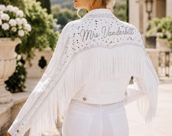 Custom Bridal Denim Jacket, Bride Jean Jacket, White Denim Bride Jacket, Personalized Wedding Jacket Gift and Keepsake