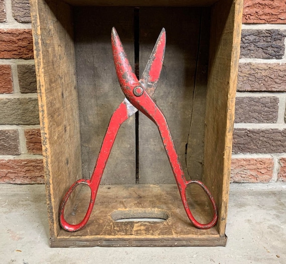 Antique Industrial Metal Shears Tin Snips Giant Scissors Weathered Red  Paint Nice Patina 