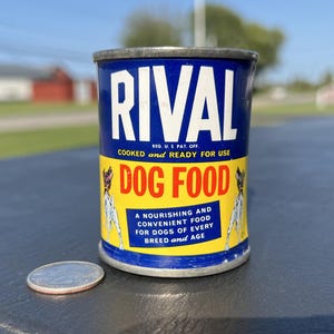 Vintage &quot;Rival Dog Food&quot; Coin Bank Can - Chicago Illinois - Antique Advertising Tin Great Dog Graphics!