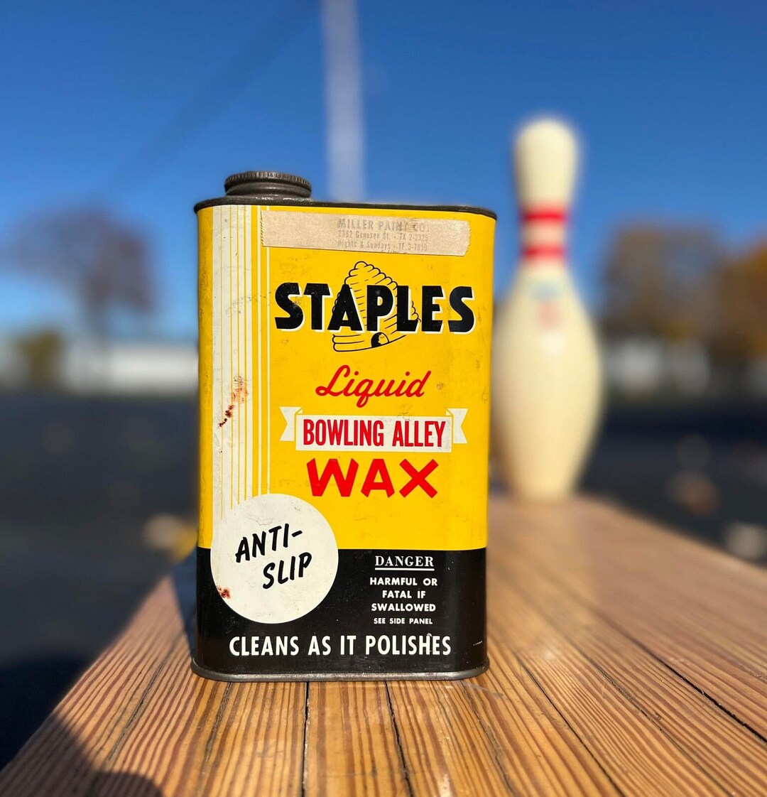 Staples Liquid Bowling Alley Wax Oil Polish Can Vintage Advertising
