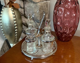 Vintage Condiment Caddy Cruet - Chrome Stainless Steel and Glass Server - Salt and Pepper Shakers Glass Oil Bottles