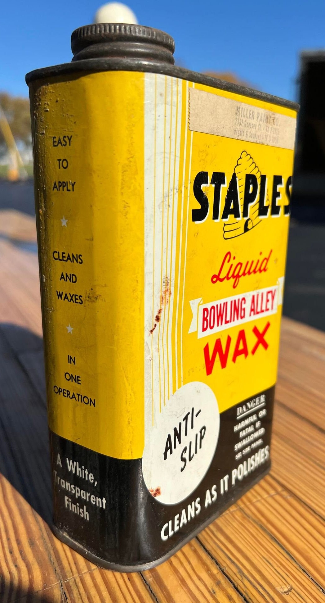 Staples Liquid Bowling Alley Wax Oil Polish Can Vintage