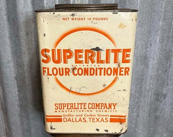 Vintage SUPERLITE Flour Conditioner 10 Lb Can - Griffin and Corbin Streets DALLAS TEXAS - Antique Advertising Tin