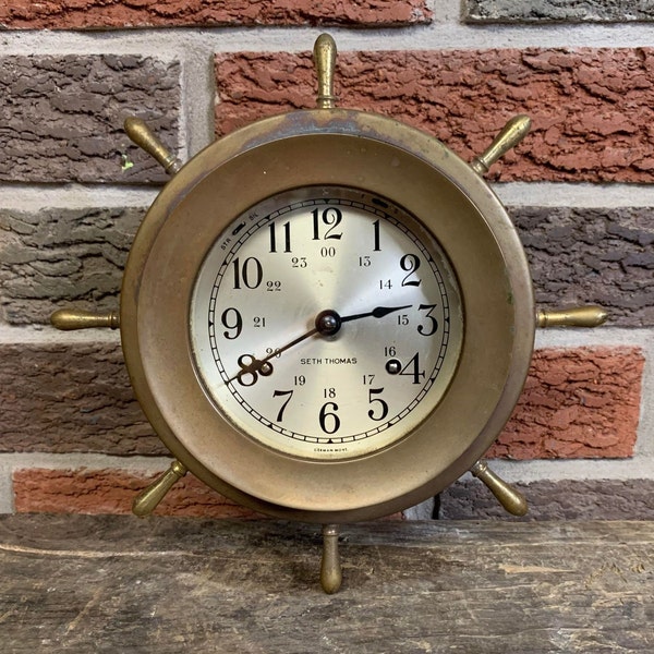 Antique Seth Thomas Ship Wheel Clock - Thomaston Connecticut - Vintage Brass Nautical Clock - Great Patina!