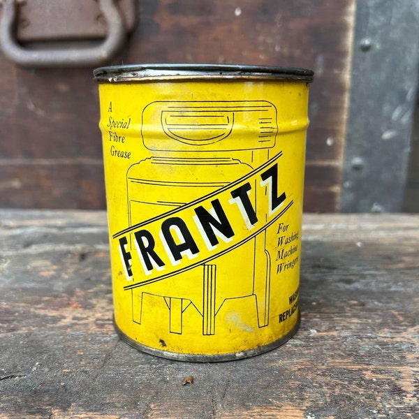 Frantz Wringer Washer Grease Can - Antique Advertising Tin - Vintage Washing Machine Graphic - Industrial General Store Decor